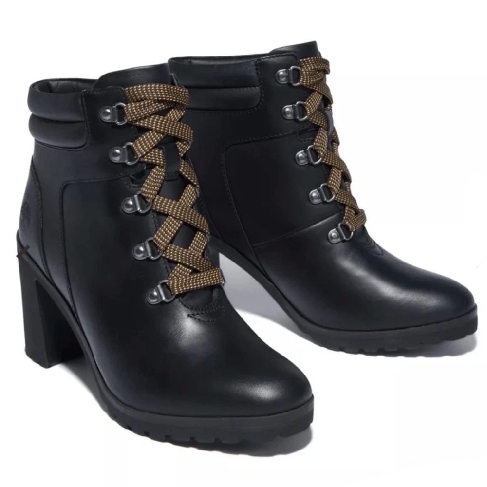 Timberland Black Heeled Lace-Up Allington Ankle Boots with Brown Laces
